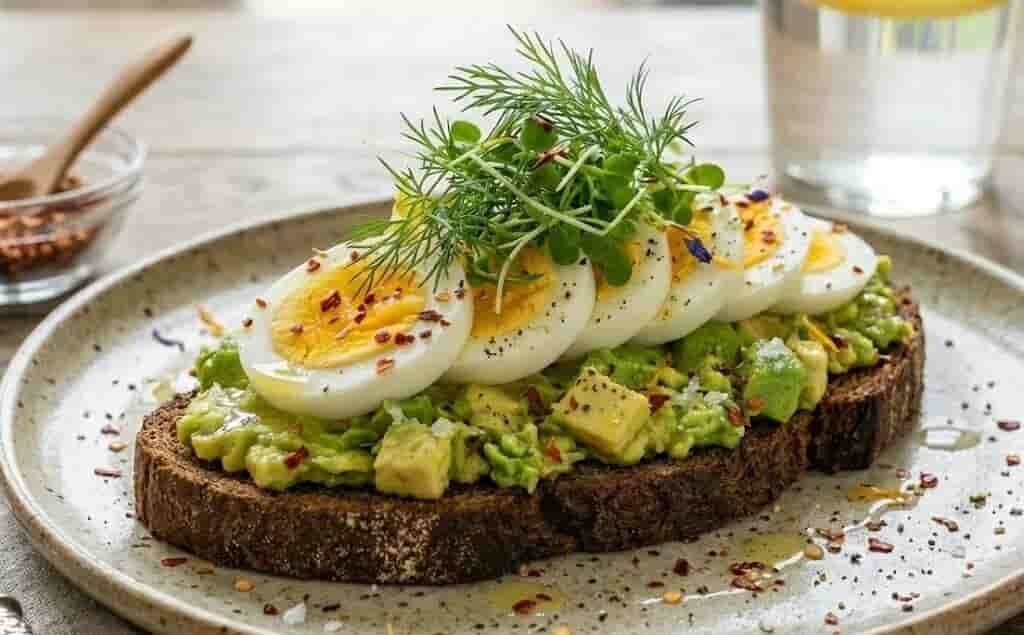 Toast med krossad avokado, kokta ägg och dillskott odlade från fröer från HCT Seeds.