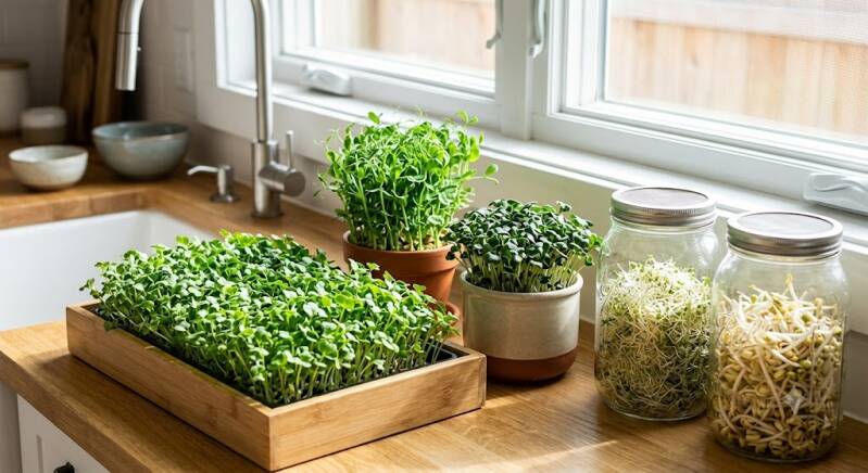 Inspirerande köksträdgård på en köksbänk med olika sorters groddar i glasburkar och frodigt mikrogrönt i krukor.