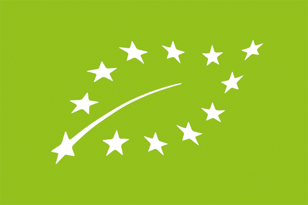 Officiell EU-logotyp för ekologisk produktion (EU-lövet) som visar certifiering för ekologiskt odlade fröer.