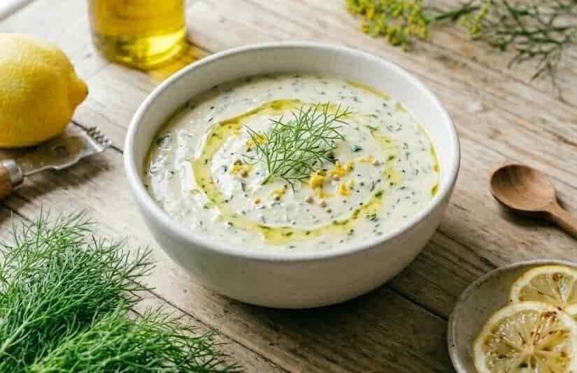 Hemgjord salsasås med chiliflingor, toppad med färska och krispiga fänkålsskott (mikrogrönt).