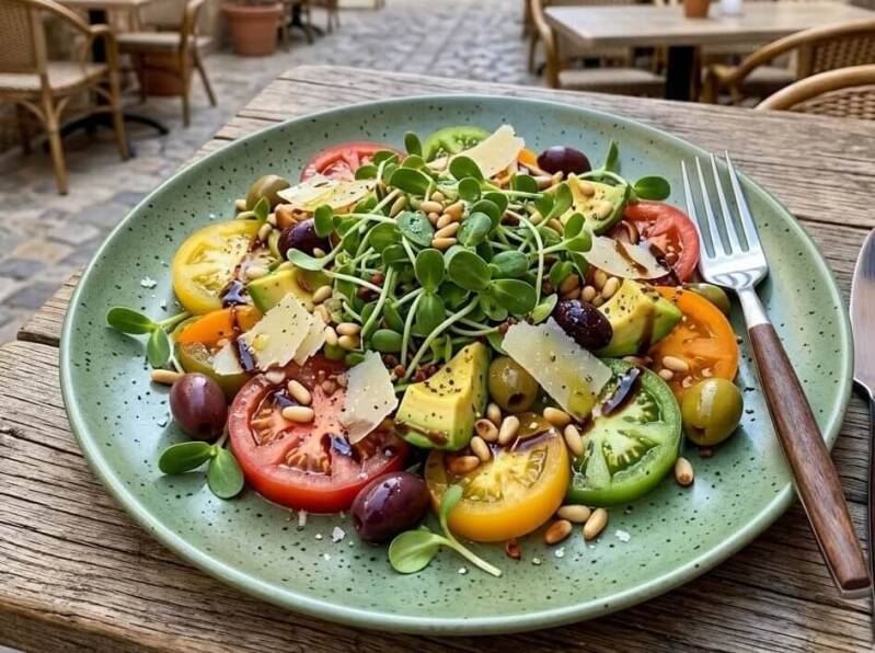En grön tallrik fylld med en färggrik sallad med tomater, oliver, avokado och pinjenötter, toppad med ett härligt berg av krispiga solrosskott odlade från egna ekologiska solrosfrön.