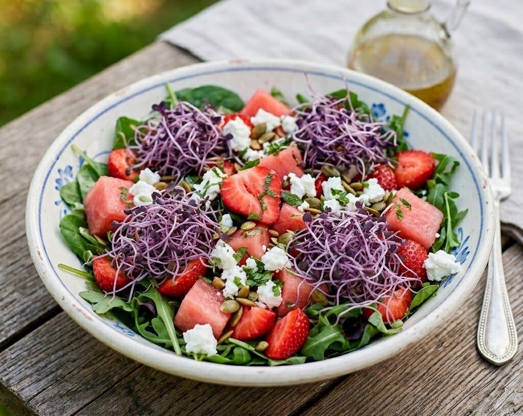 En sallad med vattenmelon, jordgubbar och fetaost på en tallrik, toppad med djuplila rödkålsgroddar groddade från egna rödkålsfrön.