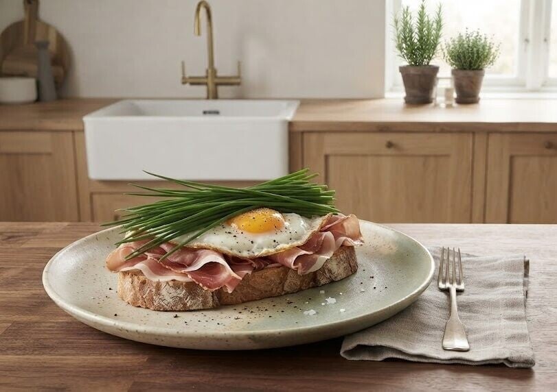 En öppen smörgås på surdegsbröd med parmaskinka och stekt ägg, toppad med färsk gräslök, serverad på en keramiktallrik i ett ljust kök.
