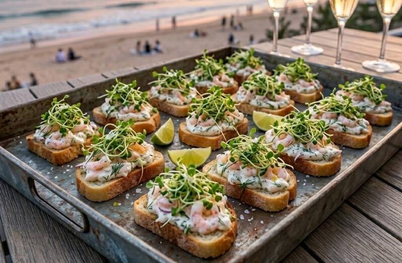 Ett fat med eleganta snittar på rostat bröd toppade med krämig räkröra och rikligt med fräscha korianderskott odlade från egna korianderfrön, uppställda med havet i bakgrunden.