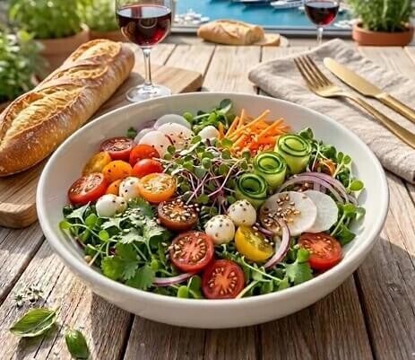 Fräsch fransk sallad med fänkålsskott och ruccolaskott som är odlade på fröer från HCT Seeds
