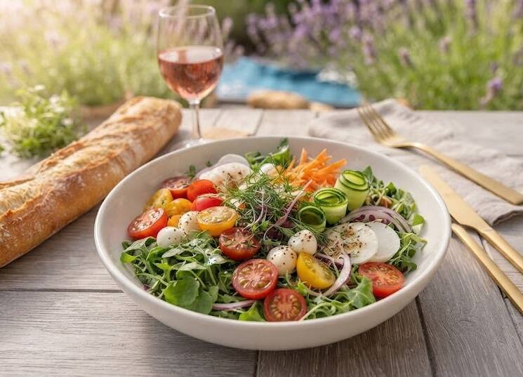 Fransk sommarsallad i en vit skål på ett träbord utomhus. Salladen innehåller körsbärstomater, mozzarella, gurka, rödlök och skott (fänkåls- och ruccolaskott). Bredvid finns en baguette, ett glas rosévin och guldiga bestick. I bakgrunden syns en lavendel