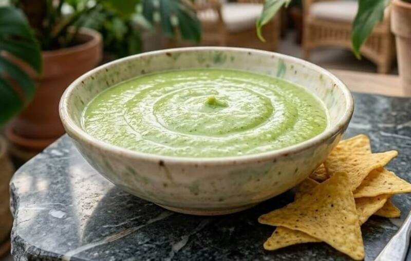En skål med krämig grön dipp på en stenskiva bredvid tortillachips, toppad med smörgåskrasse odlad från egna krassefrö.