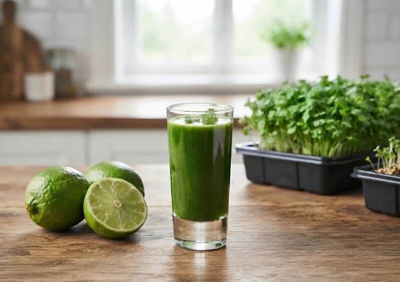 Frisk Koriandershot – en uppiggande och smakrik grön shot med nyskördad korianderskott för en frisk start på morgonen.