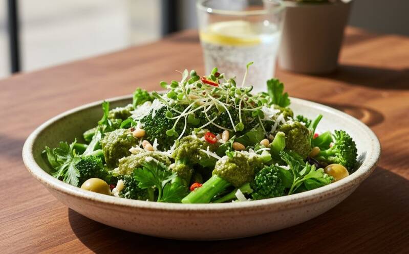 Vegansk bowl med snabbstekt broccoli, persiljepesto, pinjenötter, parmesan och färska persiljeskott.