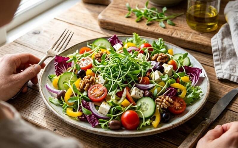 En tallrik med grekisk sallad bestående av gröna amaranthskott, tomat, gurka, rödlök, oliver och fetaost, där en person förbereder sig för att äta med en gaffel.