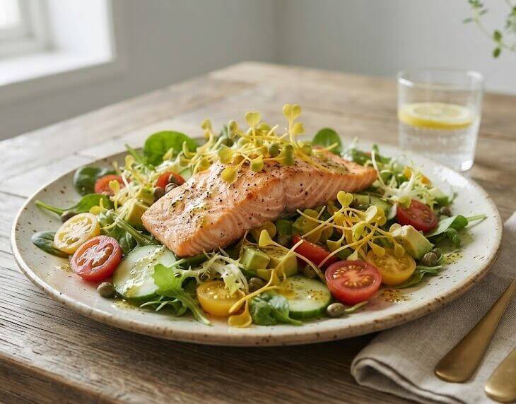 En aptitretande tallrik med en stekt laxfilé på en bädd av sallad, avokado och körsbärstomater. Rätten är toppad med gula mangoldskott och serveras på ett rustikt träbord.