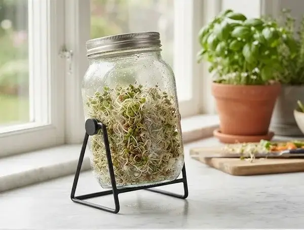 Groddburk i glas med metallställ fylld med färska alfalfagroddar på en ljus köksbänk vid fönster, odlade utan jord för groddning hemma