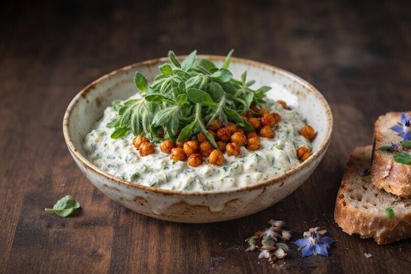 Närbild på en rustik skål fylld med vit tzatziki blandad med gröna örter (gurkört). Skålen är garnerad med gyllenbruna rostade kikärtor och en stor hög av luden, grön gurkört. Till höger ligger två skivor surdegsbröd toppade med små blå gurkörtblommor.
