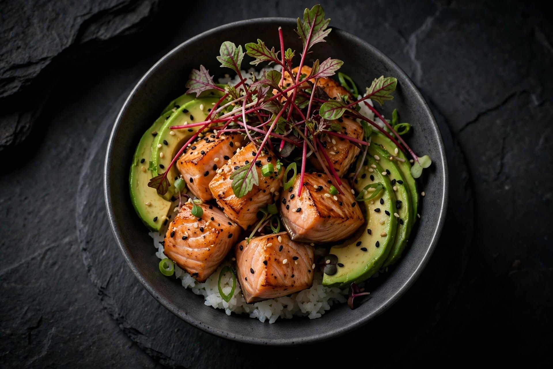 Poke bowl med lax och röda mizunaskott