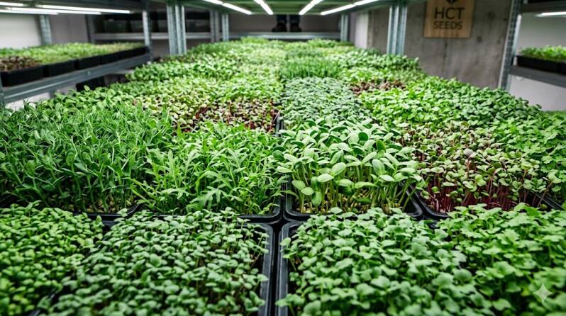 Professionell odling av mikrogrönt i större skala i odlingsanläggning – fröer och odlingstillbehör från HCT Seeds, Höganäs