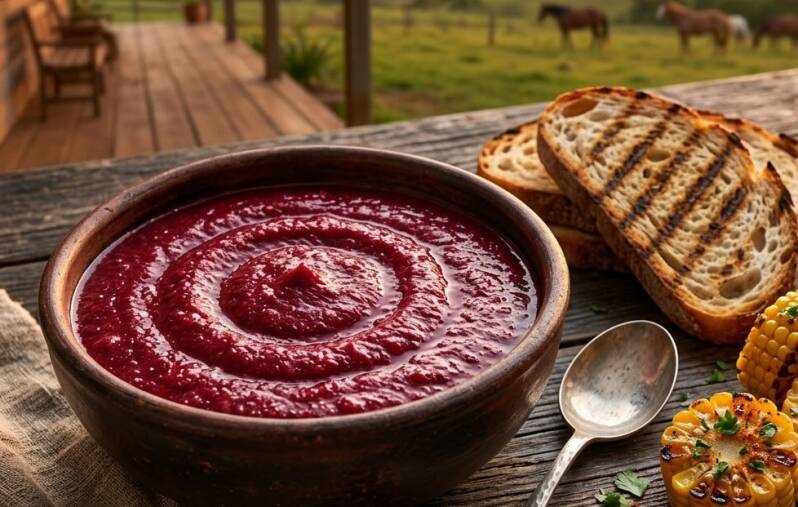 En skål med purpurröd salsa stående på ett bord tillsammans med grillat bröd och majskolvar, toppad med röda shisoskott odlade från egna röda shisofrö / perillafrö.