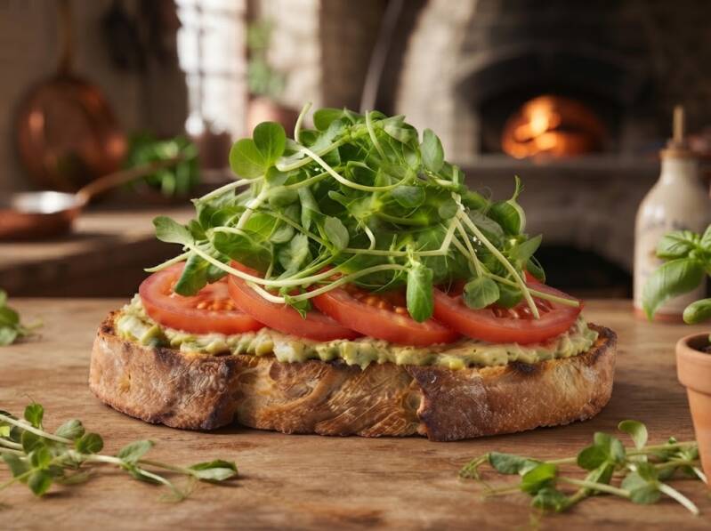 Il Sole d’Italia – en lyxig bruschetta där krämig kronärtskocka och solmogna tomater toppas med ett maffigt berg av krispiga solrosskott.