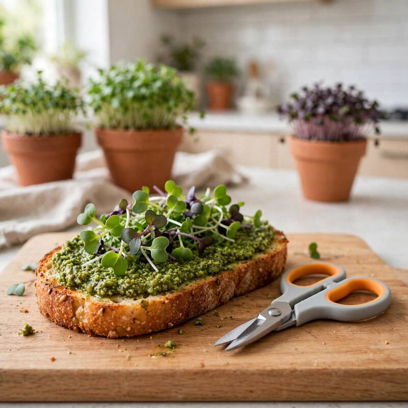 Skördesax för mikrogrönt vid servering av lins-pesto toast