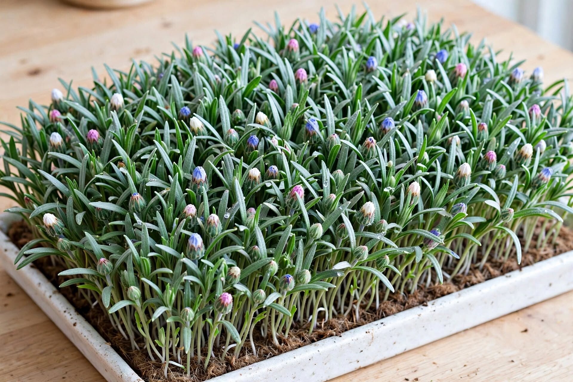Blåklintsskott Centaurea cyanus Polka Dot Mix med små blomknoppar på hampamatta odlingsmatta i vit keramikbricka - tät sådd med hög grobarhet ätbara blommor vit rosa blå