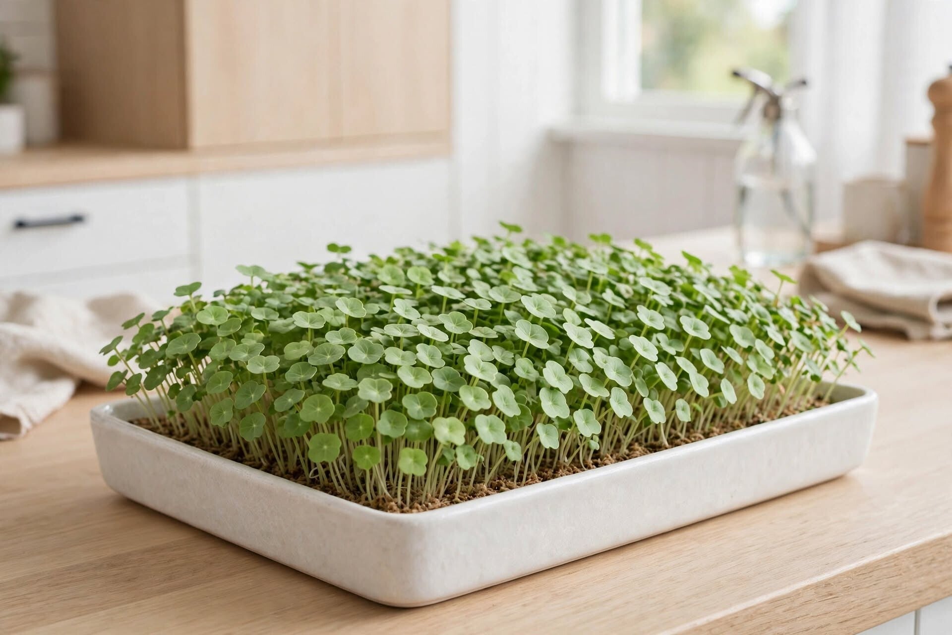 Frodigt mikrogrönt av trädgårdskrasse Tom Thumb Mix Tropaeolum majus odlat på hampamatta i vit keramisk odlingsbricka på köksbänk i ljust skandinaviskt kök - krispiga skott med runda blad redo för skörd efter 7-10 dagar