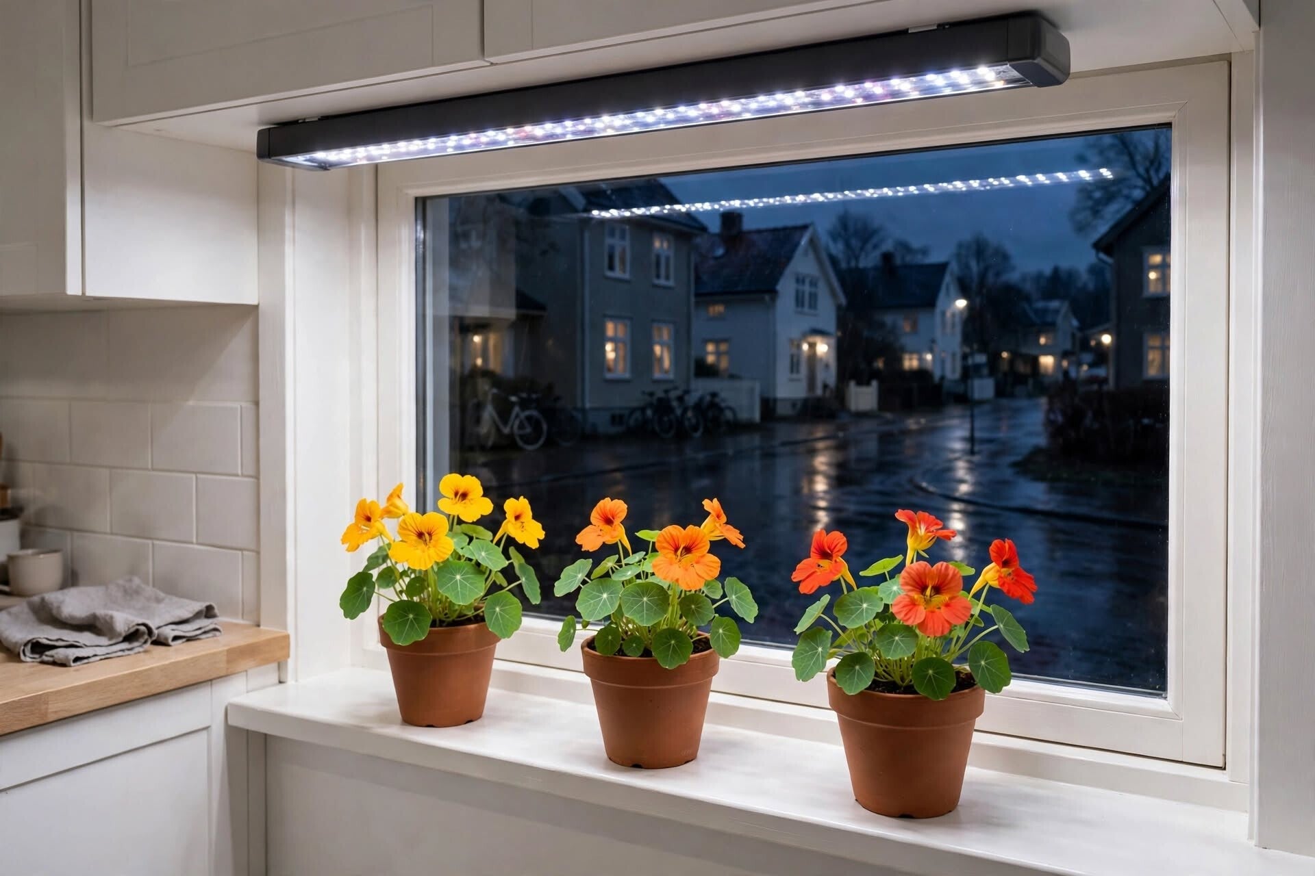 Blommande trädgårdskrasse Tom Thumb Mix 20-30 cm i terrakottakruka i vitt kök vinterodling under växtbelysning 50-60 dagar