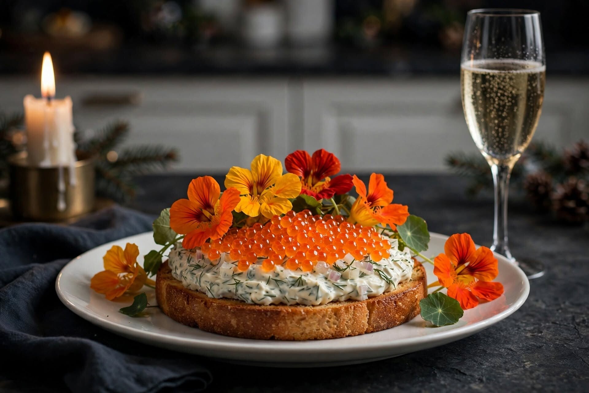 Nyårsförrätt Toast Skagen med löjrom toppad med ätbara blommor trädgårdskrasse Tom Thumb Mix 15-30 cm