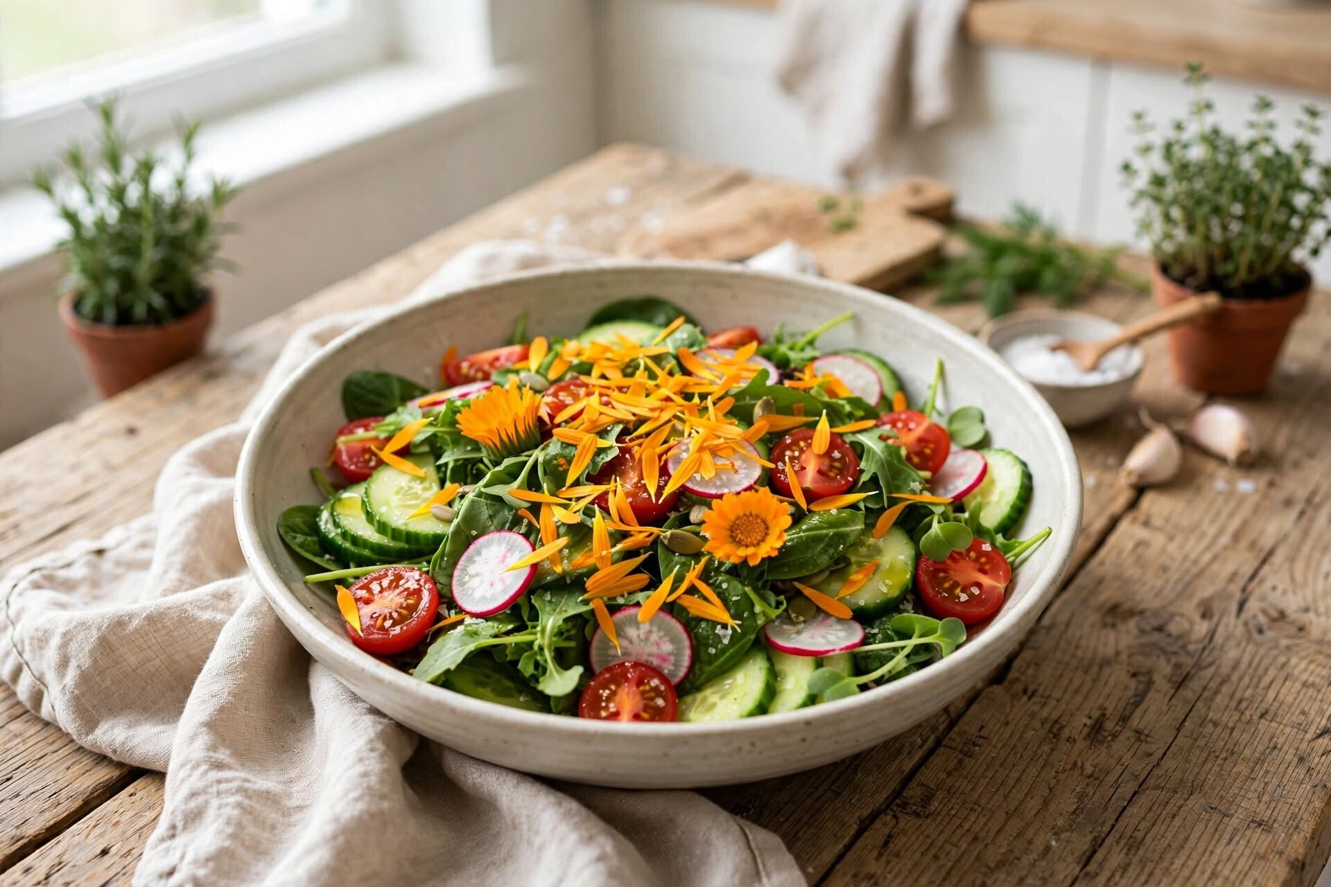 Sommarsallad med ätbara ringblommor Daisy Mix Calendula officinalis i inspirerande köksmiljö - hög grobarhet HCT Seeds
