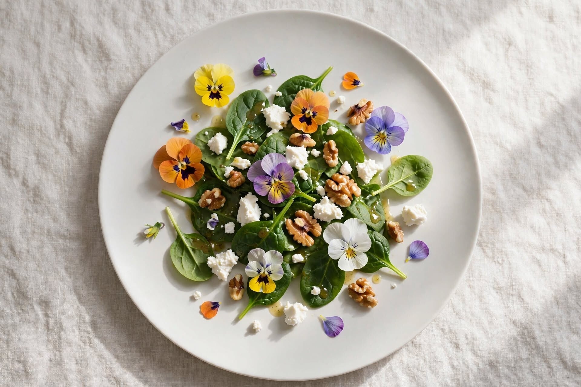 Spenatsallad med getost, valnötter och ätbara hornvioler Viola cornuta Sorbet Mix på vit tallrik, linneduk