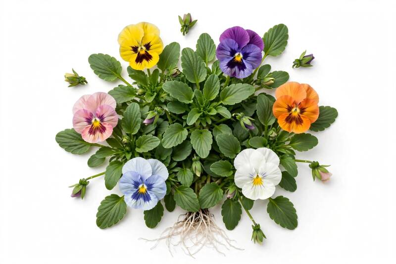 Närbild på en kompakt planta av storblommig pensé Viola x wittrockiana Tricolor Mix med tätt grönt bladverk, stora öppna blommor och små knoppar fotograferad uppifrån mot vit bakgrund