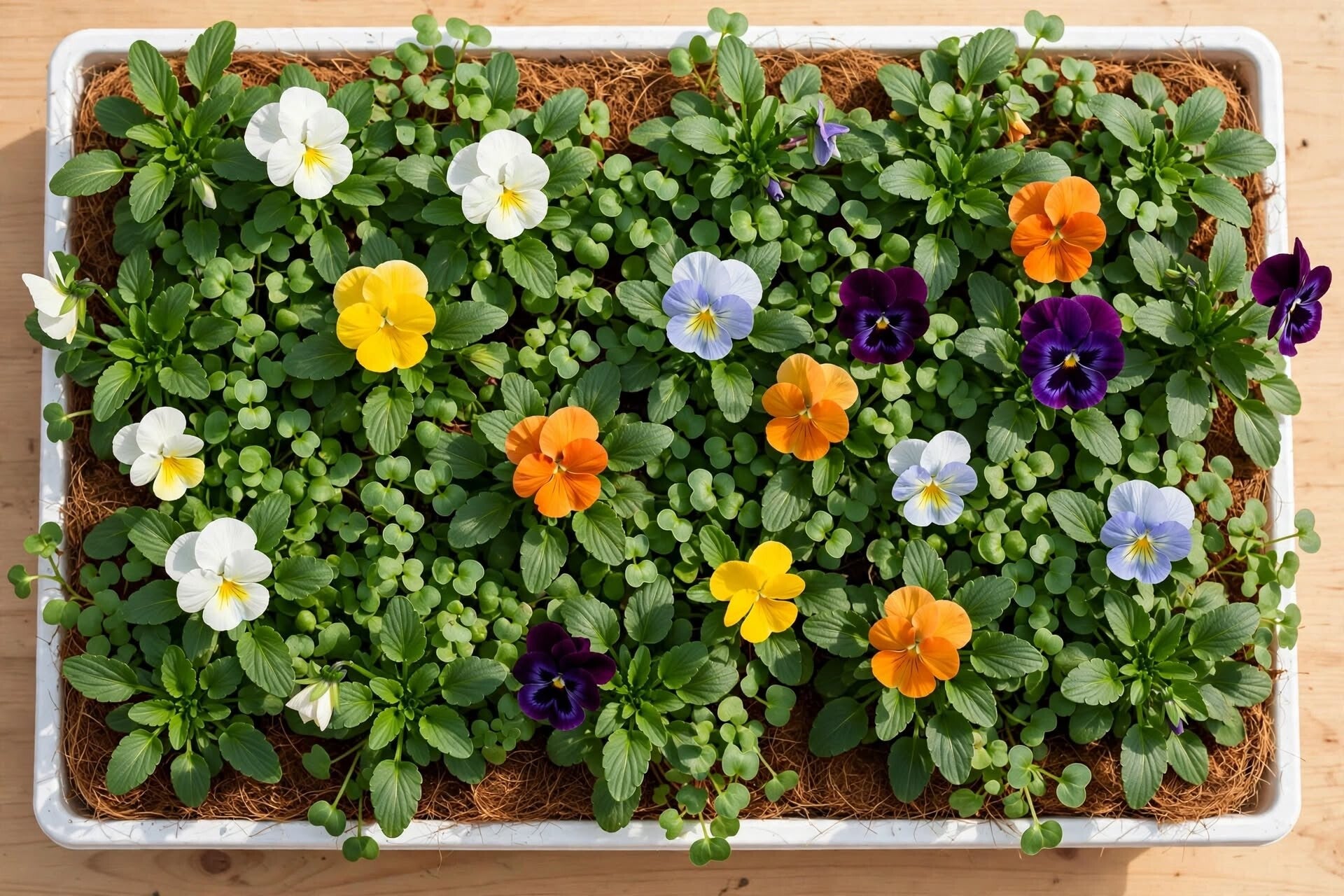 Ovanifrånfoto av vit odlingslåda med kokosmatta på ljust träbord, tät grön matta med runda hjärtblad och större penséblad, många stora utslagna blommor av storblommig pensé Viola x wittrockiana Tricolor Mix i färgmix av vitt, gult, orange, ljusblått 