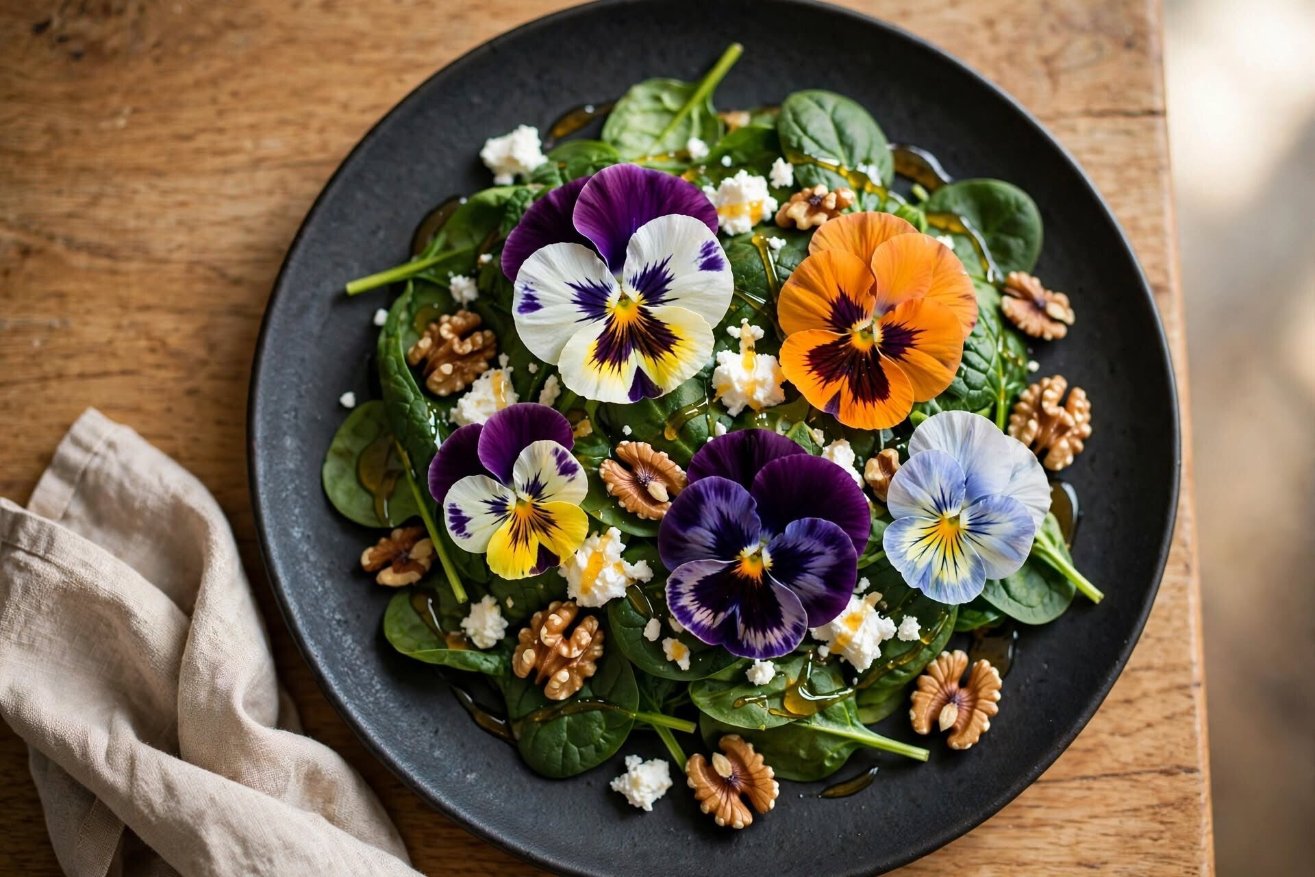 Spenatsallad på mörk matt tallrik på träbord med linneservett, babyspenat, smulad getost, valnötter, honungsringling och fem stora färgglada ätbara penséblommor Viola x wittrockiana Tricolor Mix i vitt, gult, orange, djupt lila och ljusblått