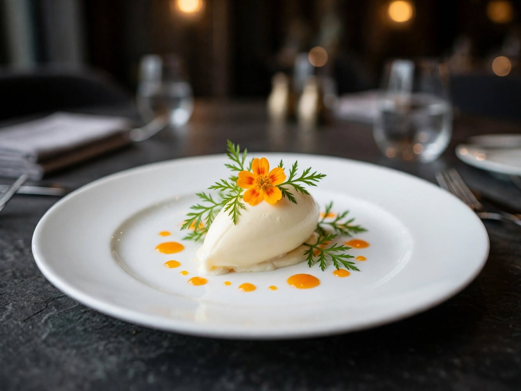 Lyxig vaniljpannacotta serverad på vit tallrik i restaurangmiljö garnerad med ätbar kryddtagetesblomma Tagetes tenuifolia Tangerine Gem