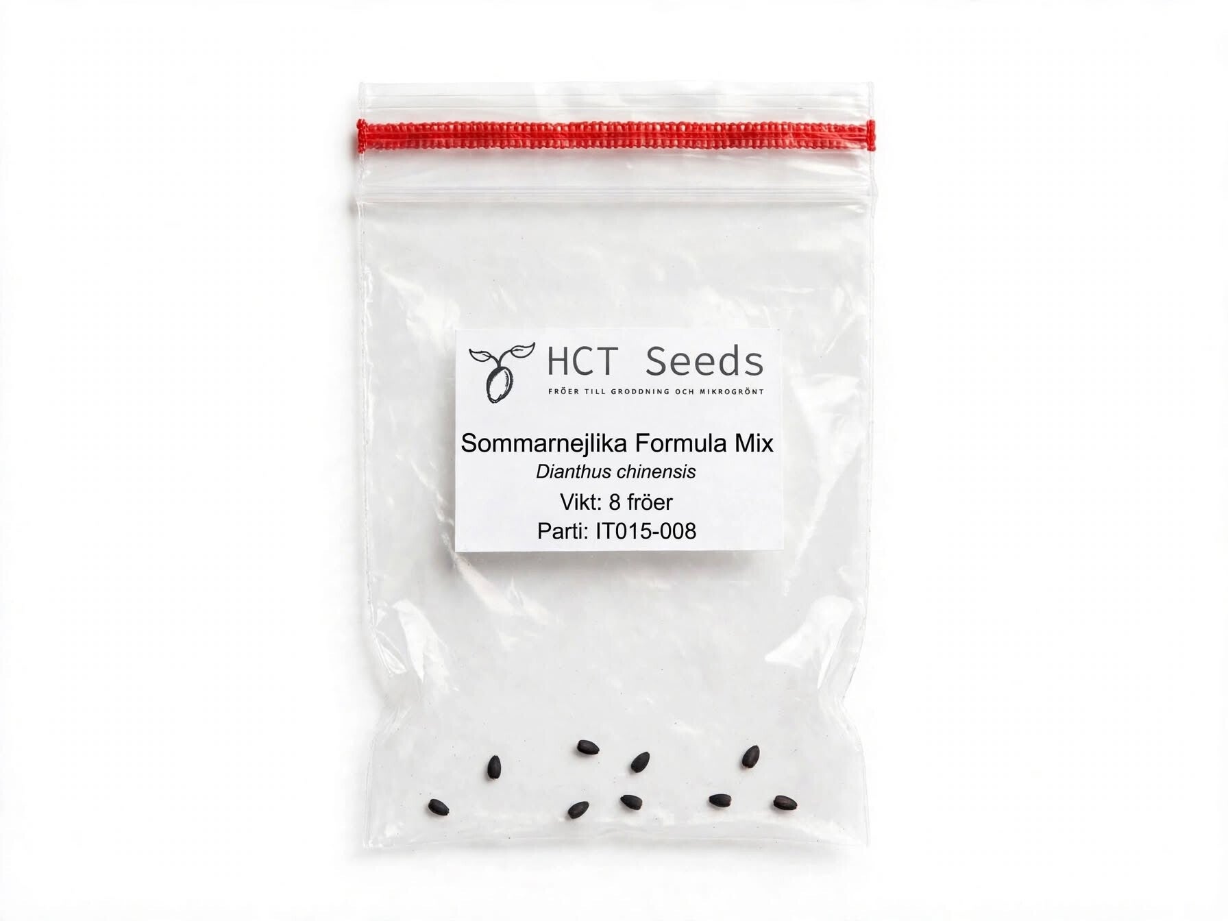 Genomskinlig fröpåse med röd zip och HCT Seeds etikett innehållande 8 fröer av sommarnejlika Formula Mix Dianthus chinensis för odling av ätbara blommor
