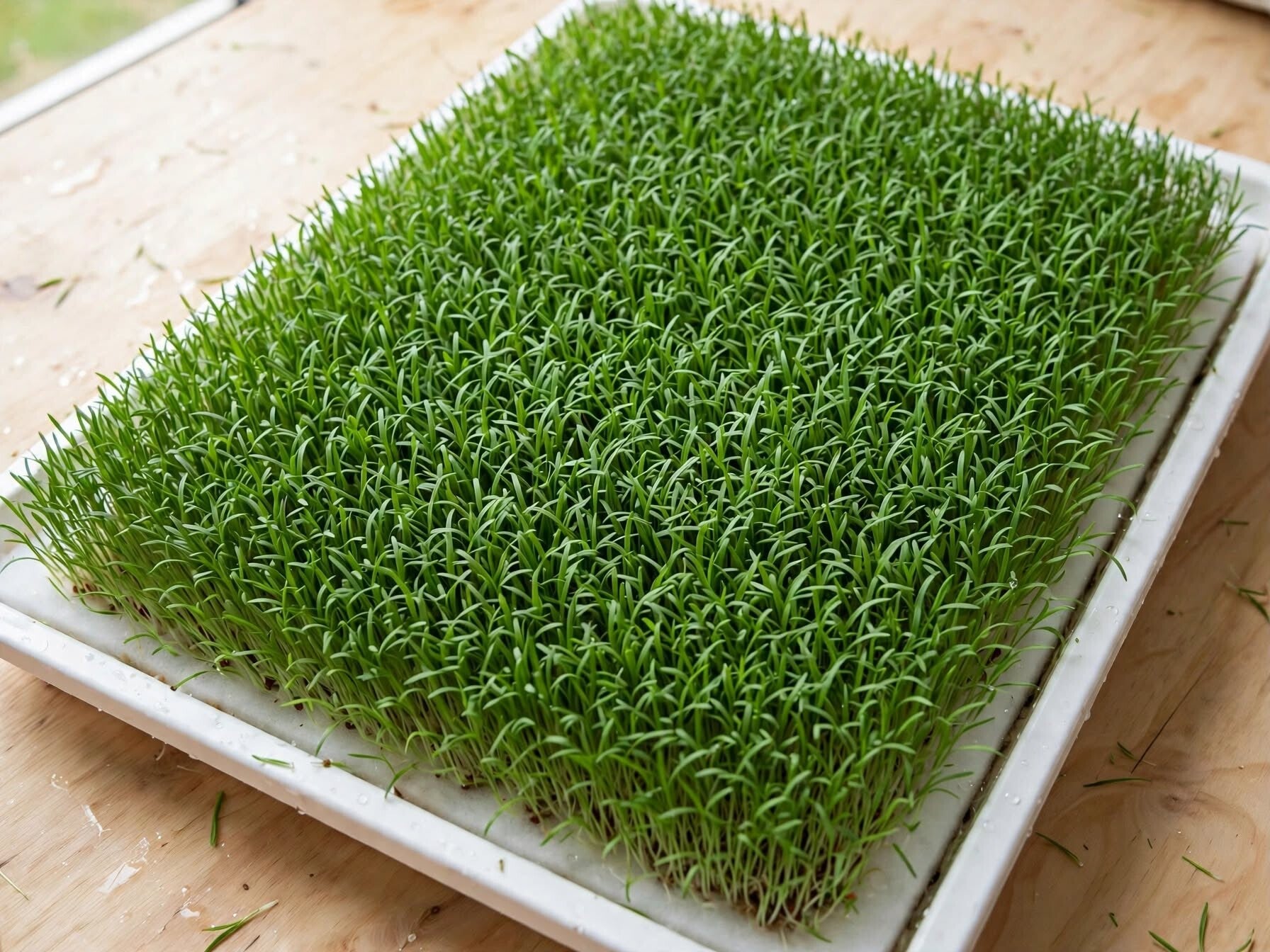 Tät odling av sommarnejlika Formula Mix Dianthus chinensis som mikrogrönt skott efter 18-25 dagar på vit odlingsmatta i odlingstråg, täta gröna smala blad utan blommor för skörd som ätbara skott