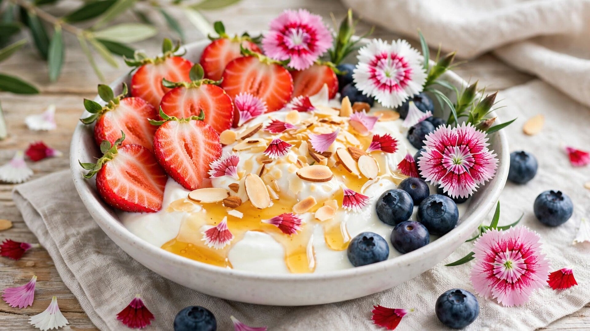 Receptbild på yoghurtskål med grekisk yoghurt, honung, jordgubbar, blåbär, rostade mandelflingor och kronblad av ätbar kinesisk nejlika Dianthus chinensis Formula Mix i rosa rött och vitt, sommarfrukost med ätbara blommor från HCT Seeds
