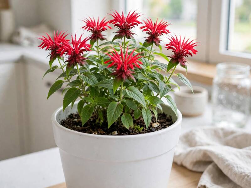 Röd temynta Monarda didyma år två - blommande planta med röda tofsiga blommor i kruka i kök