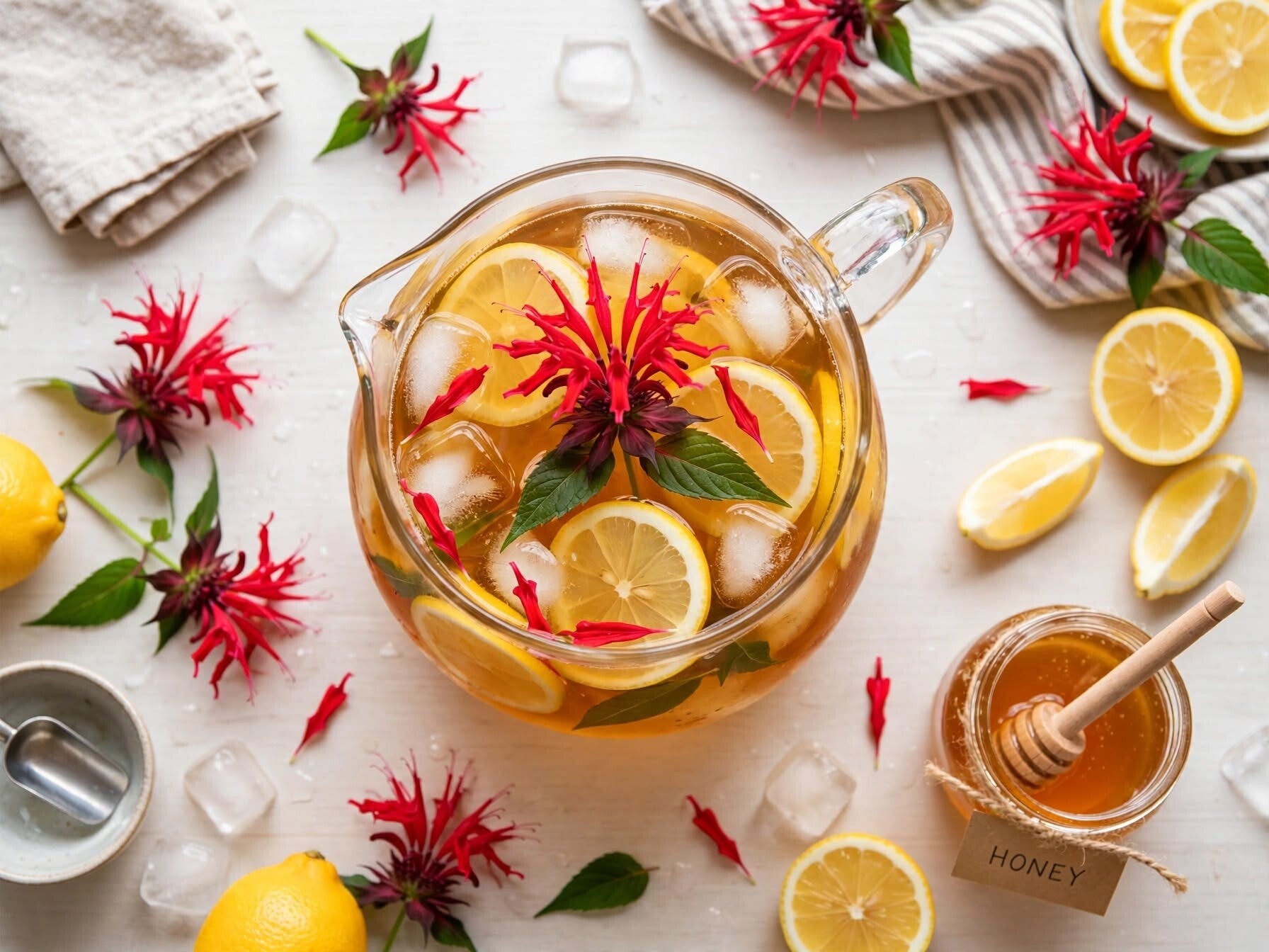 Citrusiste med röd temynta Monarda didyma - iste i glaskanna med citron, is, honung och röda ätbara blommor i kök