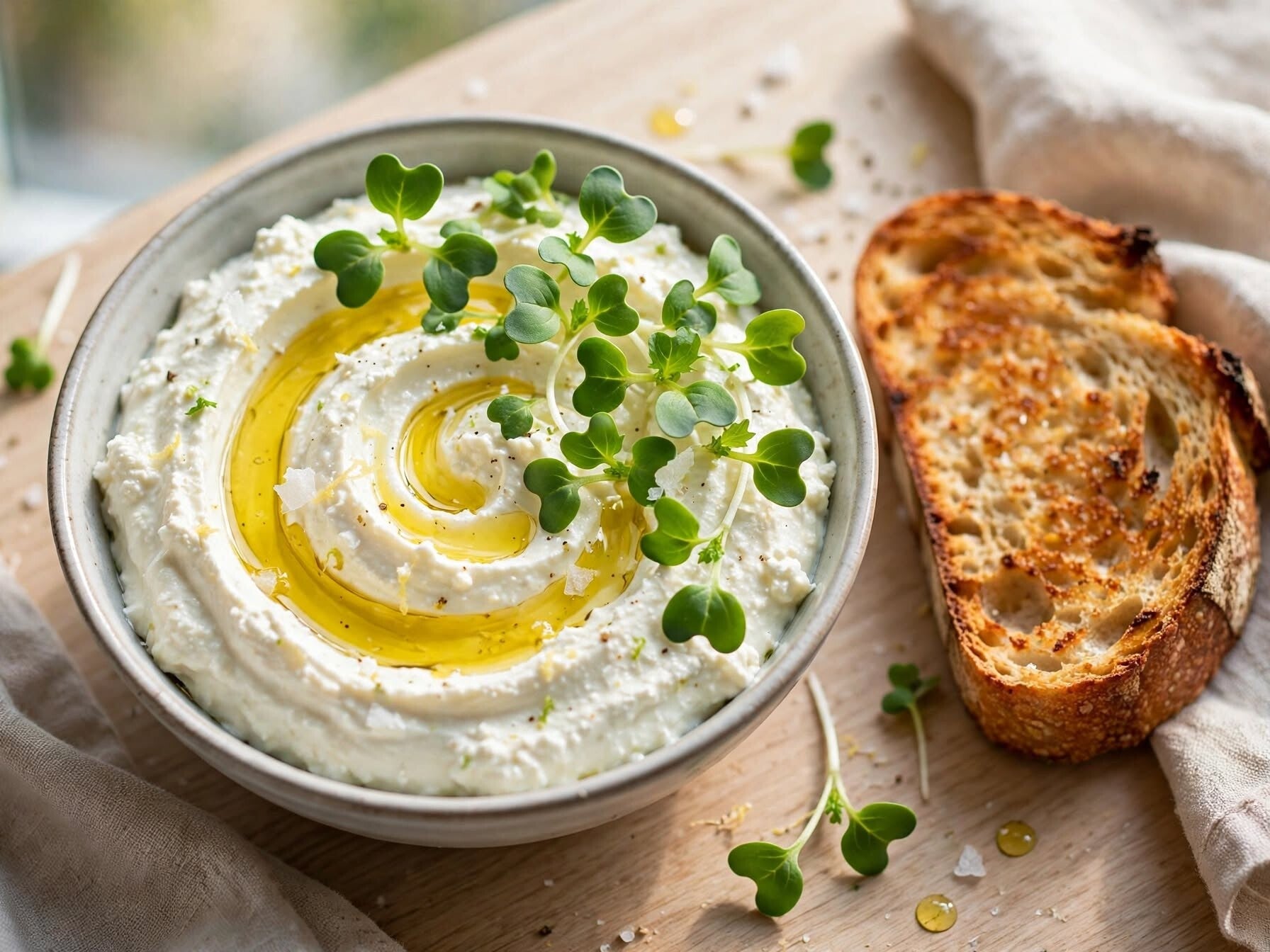 Grön mizuna microgreens med hjärtformade blad på vispad feta