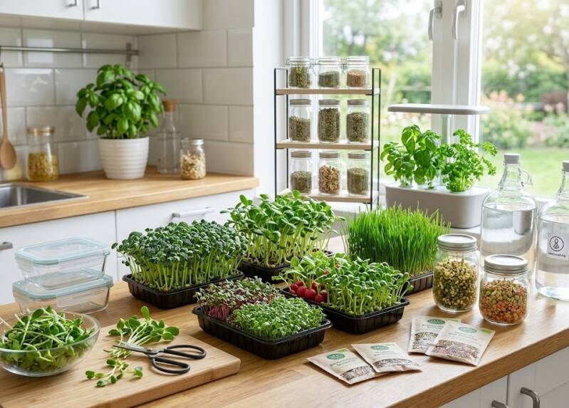 Ett kök fyllt med hemmagjord odling av mikrogrönt i tråg, glasburkar med groddar och fröförpackningar från HCT Seeds, vilket visar hur du enkelt tar tillvara på all fantastisk näring i groddar och mikrogrönt.