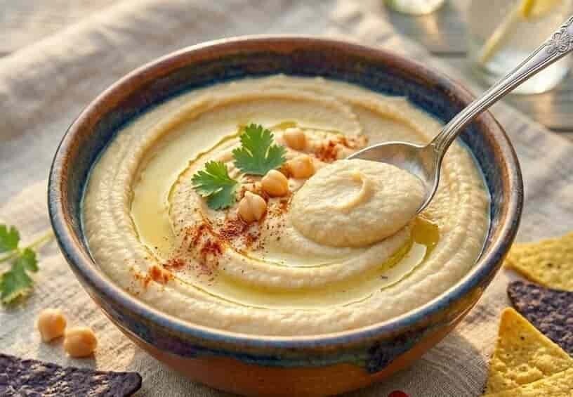 Silkeslen hummus gjord på kikärtsgroddar, toppad med olivolja och paprika. Odla egna groddar med fröer från HCT Seeds.