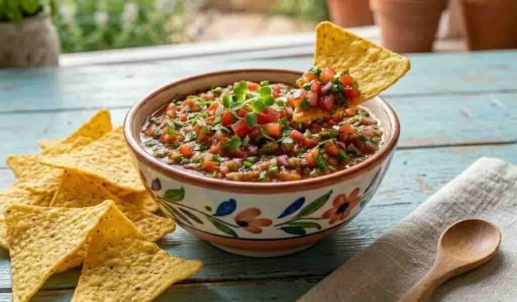 Hemgjord tomatsalsa toppad med färska korianderskott, serverad med krispiga tortillachips.