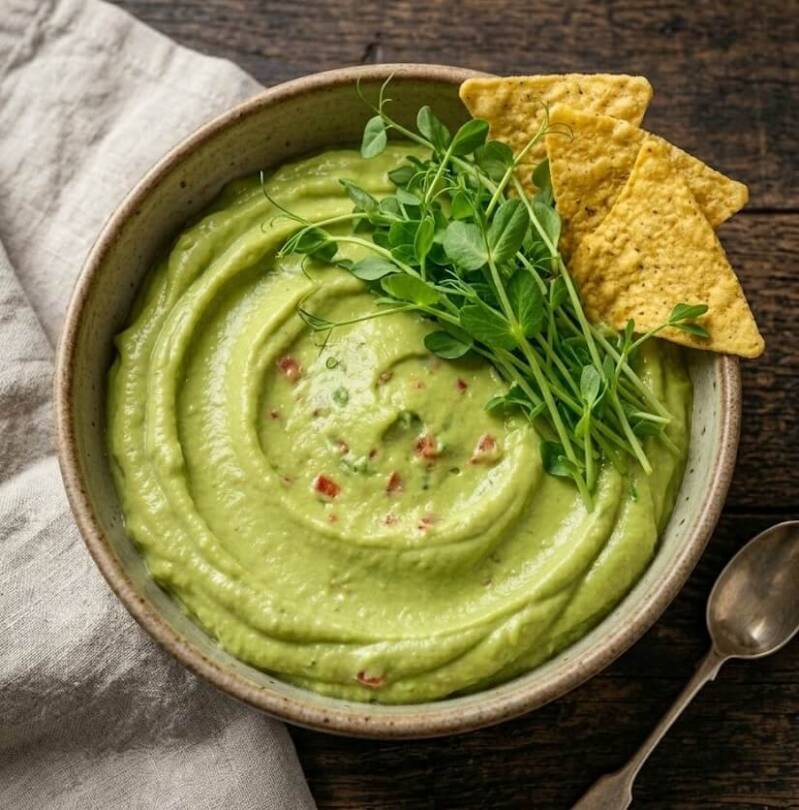 Närbild av en skål med grön dippsås eller salsa på en köksbänk, garnerad med färska, späda ärtskott och två trekantiga tortillachips.