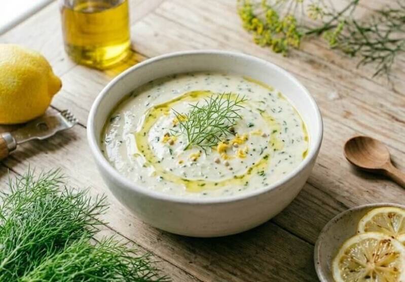 En vit skål med krämig dipsås ringlad med olivolja och toppad med färska fänkålsgroddar och dill, stående på ett träbord tillsammans med en citron och skålar med frön.