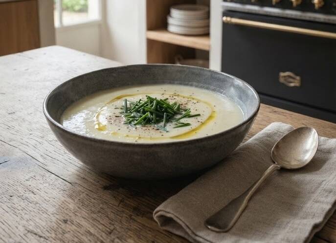 En djup keramikskål med krämig vit fransk Vichyssoise-soppa placerad på ett rustikt träbord. Soppan är garnerad med färska, tunna strån av kinesiska gräslöksskott och en ringlande droppe olivolja. I bakgrunden syns ett ljust, franskt lantkök.