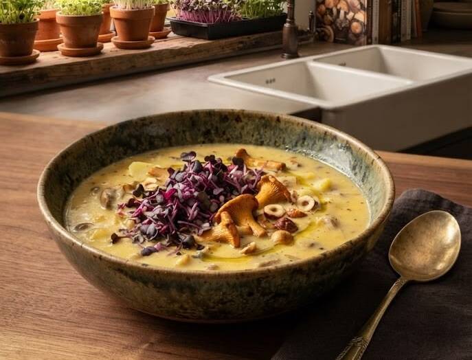 En rustik skål med krämig, gyllenbrun kantarellsoppa stående på ett träbord. Soppan är toppad med en näve mörklila, peppriga rädisskott (Sango) och nymalen svartpeppar. I bakgrunden syns ett ljust, lantligt kök.