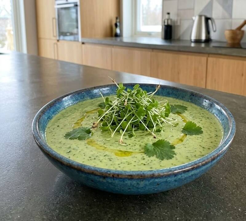 Närbild på en blå skål med grön dippsås eller salsa, garnerad med färska korianderskott och diverse mikrogrönt.