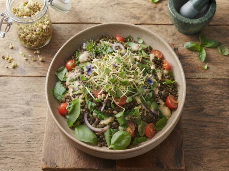 Tropisk Poké Bowl med lax, avokado och krispiga, hemodlade ärtskott på ett träbord med hav i bakgrunden.