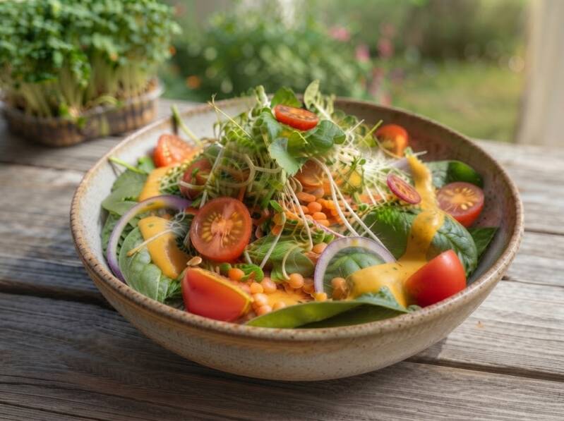 Spenatbowl med nyskördade linsskott, smörgåskrasse, tomater och krämig dressing.