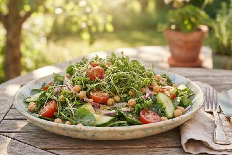 Linsfrön som odlats till egna gröna linsskott och toppar en färgglad sallad med gurka, tomater och kikärtor i en skål på ett träbord.