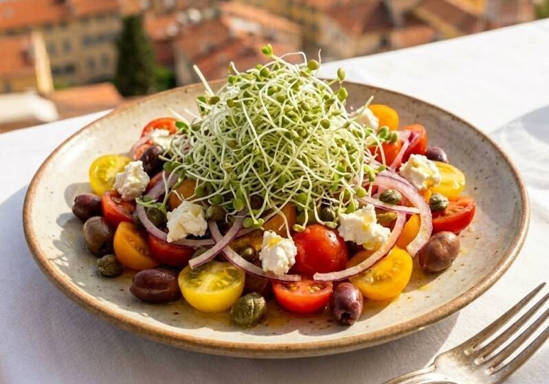 En tallrik med en fransk sallad bestående av tomater, oliver, kapris och getost, rikligt toppad med gröna linsskott odlade från egna gröna linsfrö.